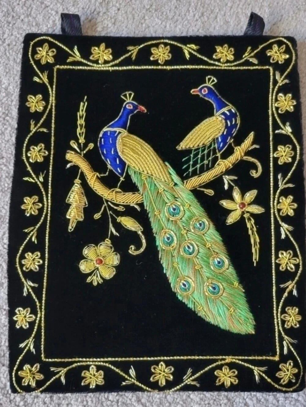 Hand-Embroidered Black Peacock Wall Hanging - Bohemiaan Decor